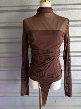 Brown Sheer Turtleneck Ruched Bodysuit